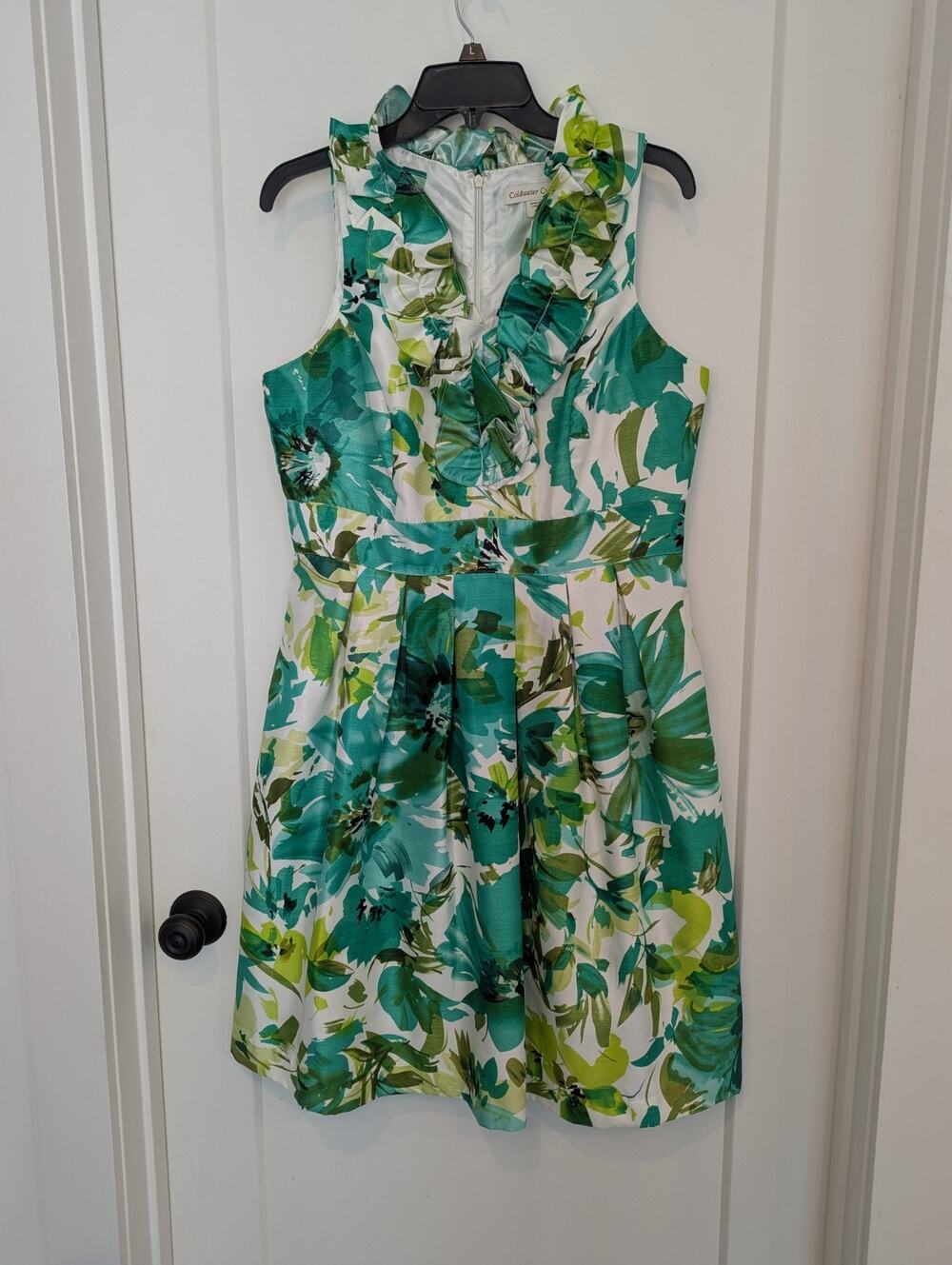 Coldwater Creek Sz 12 Ruffle Neck Floral Shift Dress Wedding Tropical Green